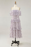 Off The Shoulder Purple Flower Printed A Line Sukienka dla gości weselnych