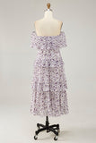 Off The Shoulder Purple Flower Printed A Line Sukienka dla gości weselnych