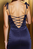 Granatowa satynowa satynowa sukienka bodycon z kokardkami