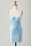 Sky Blue Satin Bodycon Bez Ramiączek Cekiny Krótka Sukienka Na Powrót Do Domu Z Aplikacjami