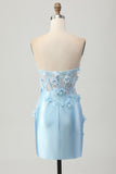 Sky Blue Satin Bodycon Bez Ramiączek Cekiny Krótka Sukienka Na Powrót Do Domu Z Aplikacjami
