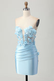 Sky Blue Satin Bodycon Bez Ramiączek Cekiny Krótka Sukienka Na Powrót Do Domu Z Aplikacjami