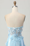 Sky Blue Satin Bodycon Bez Ramiączek Cekiny Krótka Sukienka Na Powrót Do Domu Z Aplikacjami