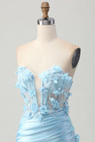 Sky Blue Satin Bodycon Bez Ramiączek Cekiny Krótka Sukienka Na Powrót Do Domu Z Aplikacjami