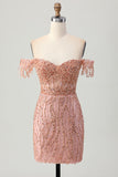 Dusty Rose Bodycon Off The Shoulder Gorset Krótka sukienka na powrót do domu z koralikami