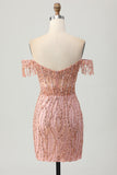 Dusty Rose Bodycon Off The Shoulder Gorset Krótka sukienka na powrót do domu z koralikami