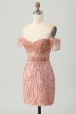 Dusty Rose Bodycon Off The Shoulder Gorset Krótka sukienka na powrót do domu z koralikami