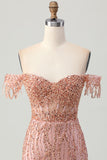 Dusty Rose Bodycon Off The Shoulder Gorset Krótka sukienka na powrót do domu z koralikami