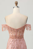 Dusty Rose Bodycon Off The Shoulder Gorset Krótka sukienka na powrót do domu z koralikami