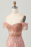 Dusty Rose Bodycon Off The Shoulder Gorset Krótka sukienka na powrót do domu z koralikami