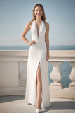 Ivory Satin Halter Sheath Długa sukienka zaręczynowa z rozcięciem