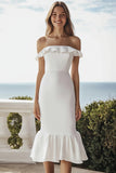 Ivory Off the Shoulder Prosta sukienka zaręczynowa midi z falbankami