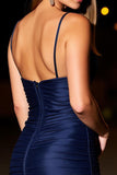 Granatowa sukienka koktajlowa na ramiączkach Spaghetti z ruched bodycon
