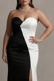 Sweetheart Sheath czarno-biała długa wieczorowa sukienka w rozmiarze plus size z rozcięciem