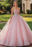 Różowa księżniczka długa tiulowa sukienka quinceanera z koronką