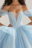Błękitna suknia balowa księżniczka brokatowa długa tiulowa sukienka quinceanera z falbankami