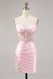 Candy Pink Satin Bodycon Krótki Gorset Sukienka Na Powrót Do Domu Z Aplikacją