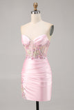 Candy Pink Satin Bodycon Krótki Gorset Sukienka Na Powrót Do Domu Z Aplikacją