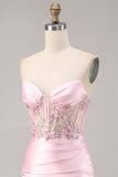 Candy Pink Satin Bodycon Krótki Gorset Sukienka Na Powrót Do Domu Z Aplikacją
