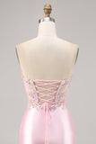 Candy Pink Satin Bodycon Krótki Gorset Sukienka Na Powrót Do Domu Z Aplikacją