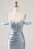 Gorset Dusty Blue Bodycon Z Odkrytymi Ramionami Sukienka Na Powrót Do Domu