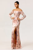 Off The Shoulder Blush Kwiecista Osłona Długa Sukienka Dla Gości Weselnych Z Rozcięciem