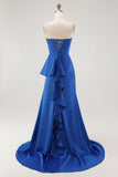 Sukienka na studniówkę Royal Blue Mermaid bez ramiączek z szarfą