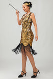 Błyszcząca złota sukienka bodycon z frędzlami1920s z 5-częściowym zestawem akcesoriów