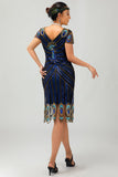 Cekinowa czarno-niebieska sukienka Bodycon Gatsby z 1920 roku z krótkimi rękawami