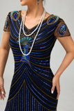 Cekinowa czarno-niebieska sukienka Bodycon Gatsby z 1920 roku z krótkimi rękawami