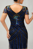 Cekinowa czarno-niebieska sukienka Bodycon Gatsby z 1920 roku z krótkimi rękawami