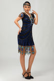Cekinowa czarno-niebieska sukienka Bodycon Gatsby z 1920 roku z krótkimi rękawami