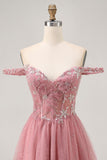 Sukienka z odkrytymi ramionami Dusty Rose Floral A Line Homecoming