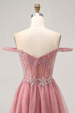 Sukienka z odkrytymi ramionami Dusty Rose Floral A Line Homecoming
