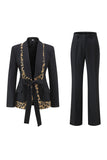 Czarne 2-częściowe garnitury damskie w panterkę Slim Fit