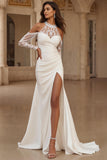 Ivory Mermaid Halter Ruched Court Train Suknia ślubna z koronkowymi aplikacjami