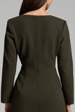 Ciemnooliwkowa satynowa ołówkowa sukienka midi midi z dekoltem w łódkę z rękawami