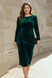 Plus Size Aksamit Ciemnozielona Midi Ołówkowe Sukienki do Pracy z Rękawy