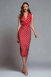 Czerwona satynowa sukienka z dekoltem w serek Bodycon Tea Length w kropki