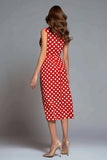 Czerwona satynowa sukienka z dekoltem w serek Bodycon Tea Length w kropki