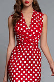 Czerwona satynowa sukienka z dekoltem w serek Bodycon Tea Length w kropki