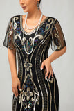 Błyszcząca klapa złota cekinowa sukienka bodycon z frędzlami 1920