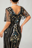 Błyszcząca klapa złota cekinowa sukienka bodycon z frędzlami 1920
