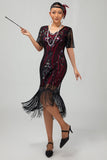 Flapper bordowa cekinowa sukienka bodycon z frędzlami z 1920 roku