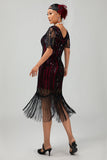 Flapper bordowa cekinowa sukienka bodycon z frędzlami z 1920 roku