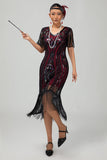 Flapper bordowa cekinowa sukienka bodycon z frędzlami z 1920 roku