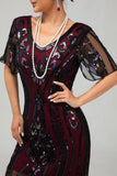 Flapper bordowa cekinowa sukienka bodycon z frędzlami z 1920 roku