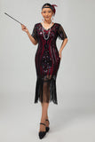 Flapper bordowa cekinowa sukienka bodycon z frędzlami z 1920 roku