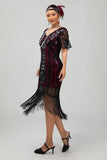 Flapper bordowa cekinowa sukienka bodycon z frędzlami z 1920 roku