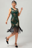 Zielona złota cekinowa sukienka z dekoltem w szpic Bodycon 1920s Flapper z frędzlami